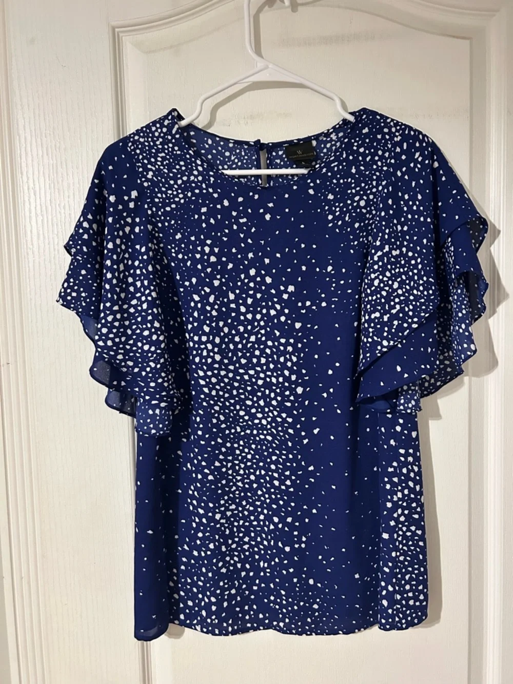 Worthington Blue Speckled Flutter Sleeve Blouse Size Large Lightweight Flowy Top - Picture 3 of 8